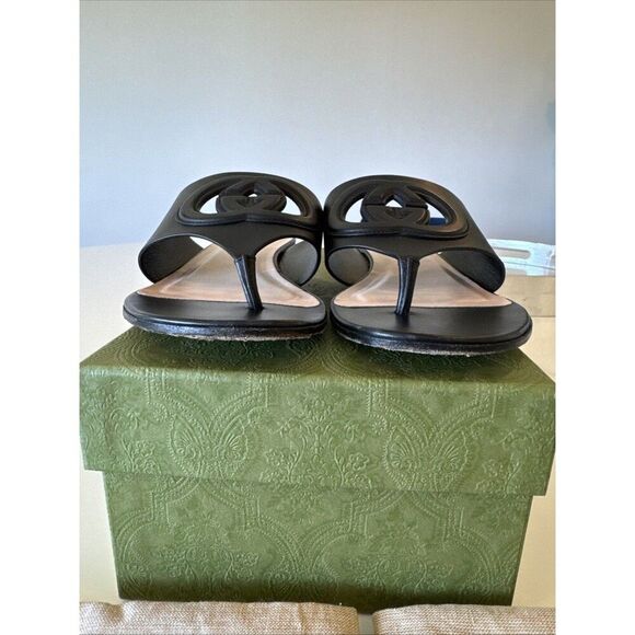Gucci Black Leather GG Interlocking Cut Out Thong Sandals EU 38.5 US 8.5 - Picture 12 of 14